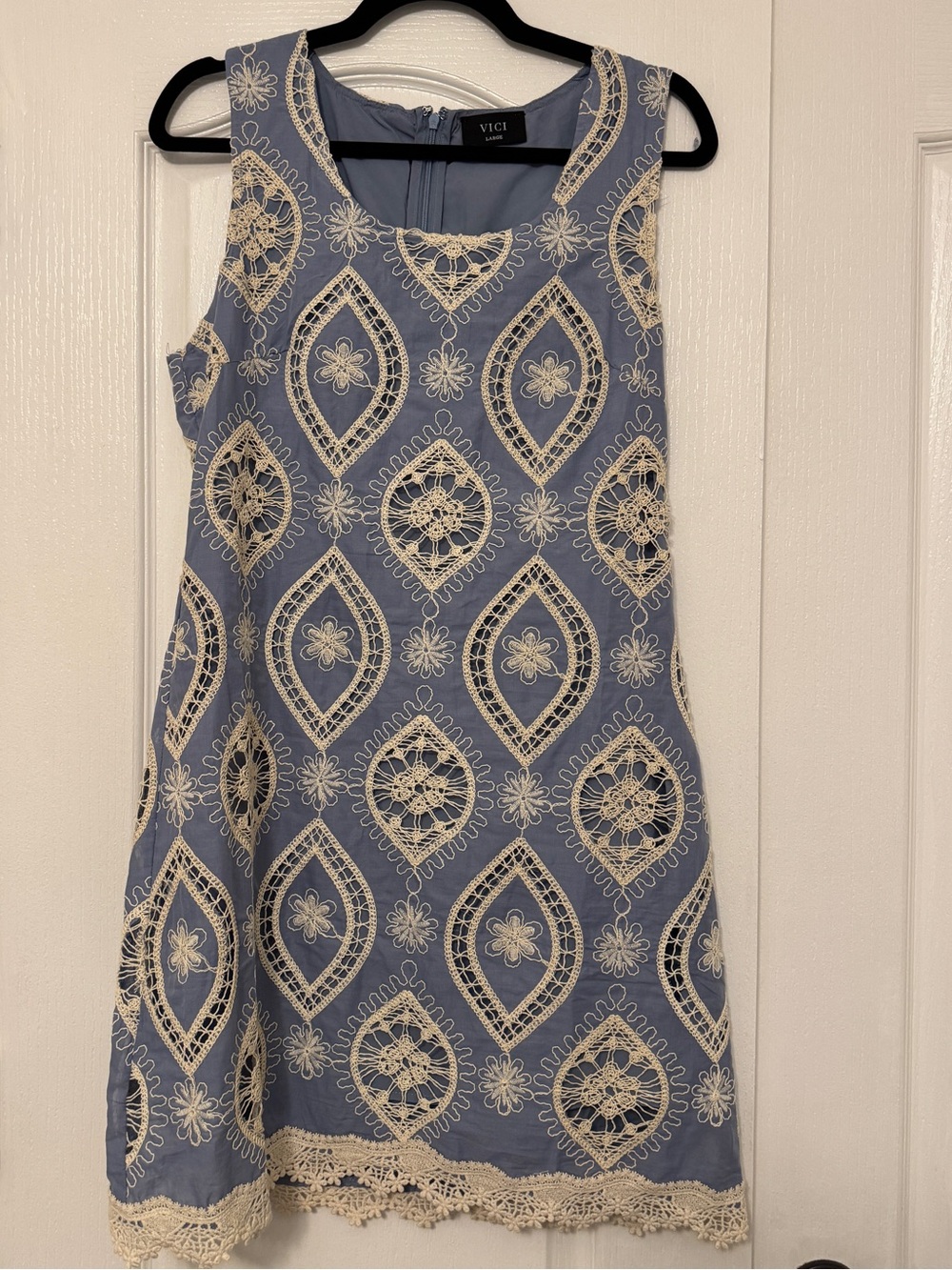 VICI Dusty Blue Mini Dress with Cream Embroidery
